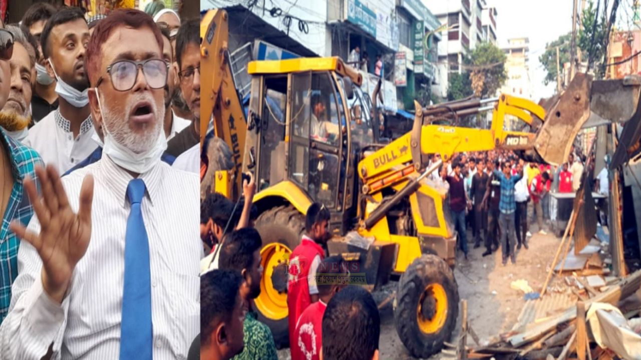 নারায়ণগঞ্জ শহরের ফুটপাত দখল মুক্ত করতে সাখাওয়াত হোসেন খাঁনের নেতৃত্বে সিটি কর্পোরেশনের উচ্ছেদ অভিযান