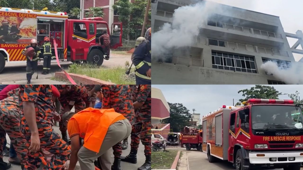 খানপুর ৩০০ শয্যা হাসপাতালে ভূমিকম্প ও অগ্নিকাণ্ড মোকাবিলায় ফায়ার সার্ভিসের মহড়া