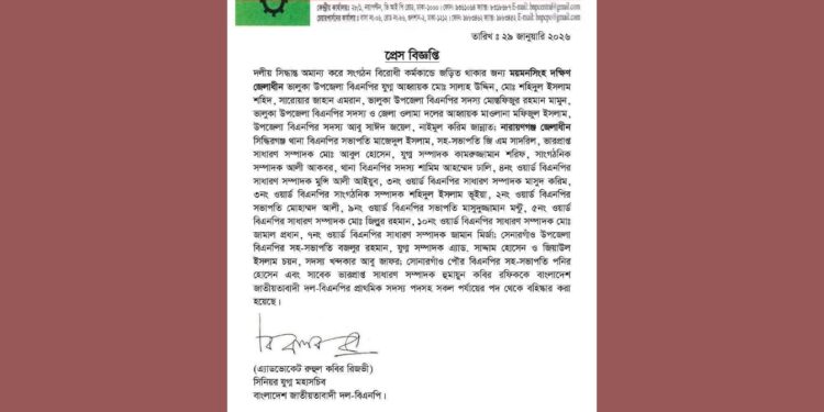 সিদ্ধিরগঞ্জ থানার একসাথে বিএনপির ২০ নেতাকে বহিষ্কার